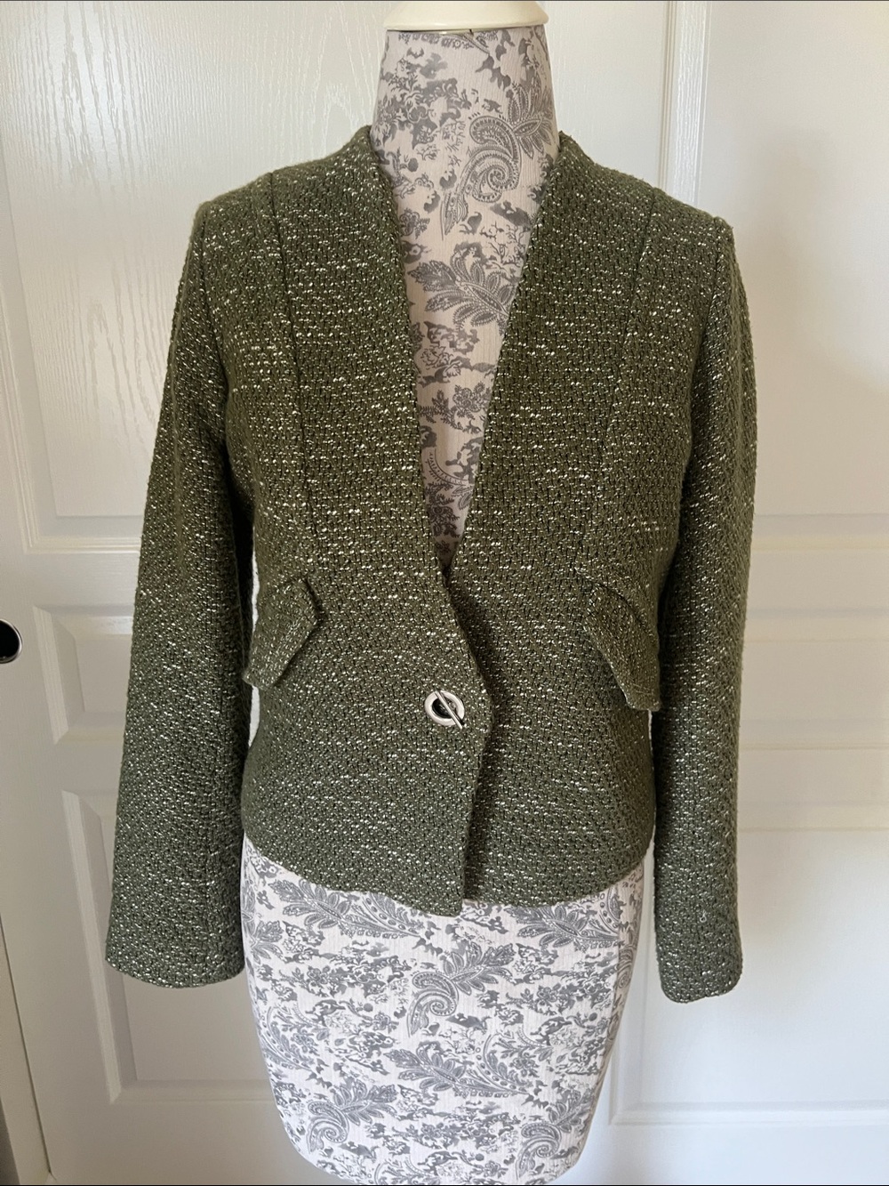 Sandro Olive Green Tweed Cropped Blazer